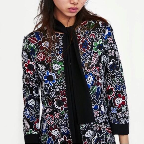 Zara Black Multicolored Floral Embroidered Lace Tie Neck Cuff Statement Jacket - Picture 1 of 16